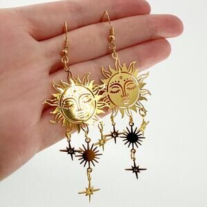 Large Gold Sun Dangle Earrings, Celestial Earrings